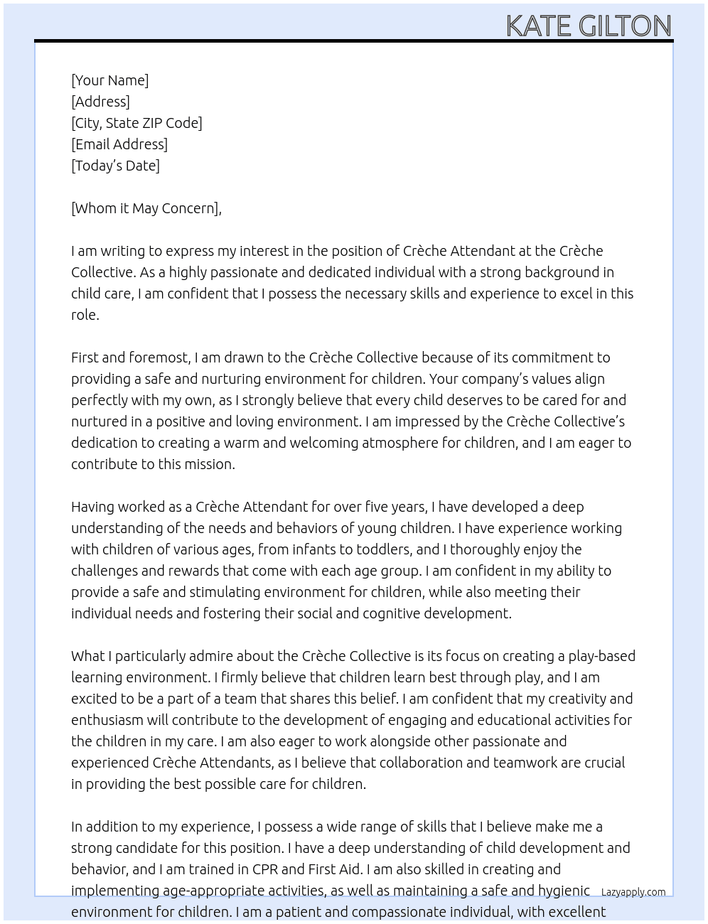Crèche Attendant At Crèche Collective Cover Letter