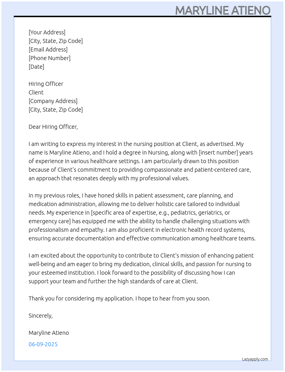 nurse At client Cover Letter