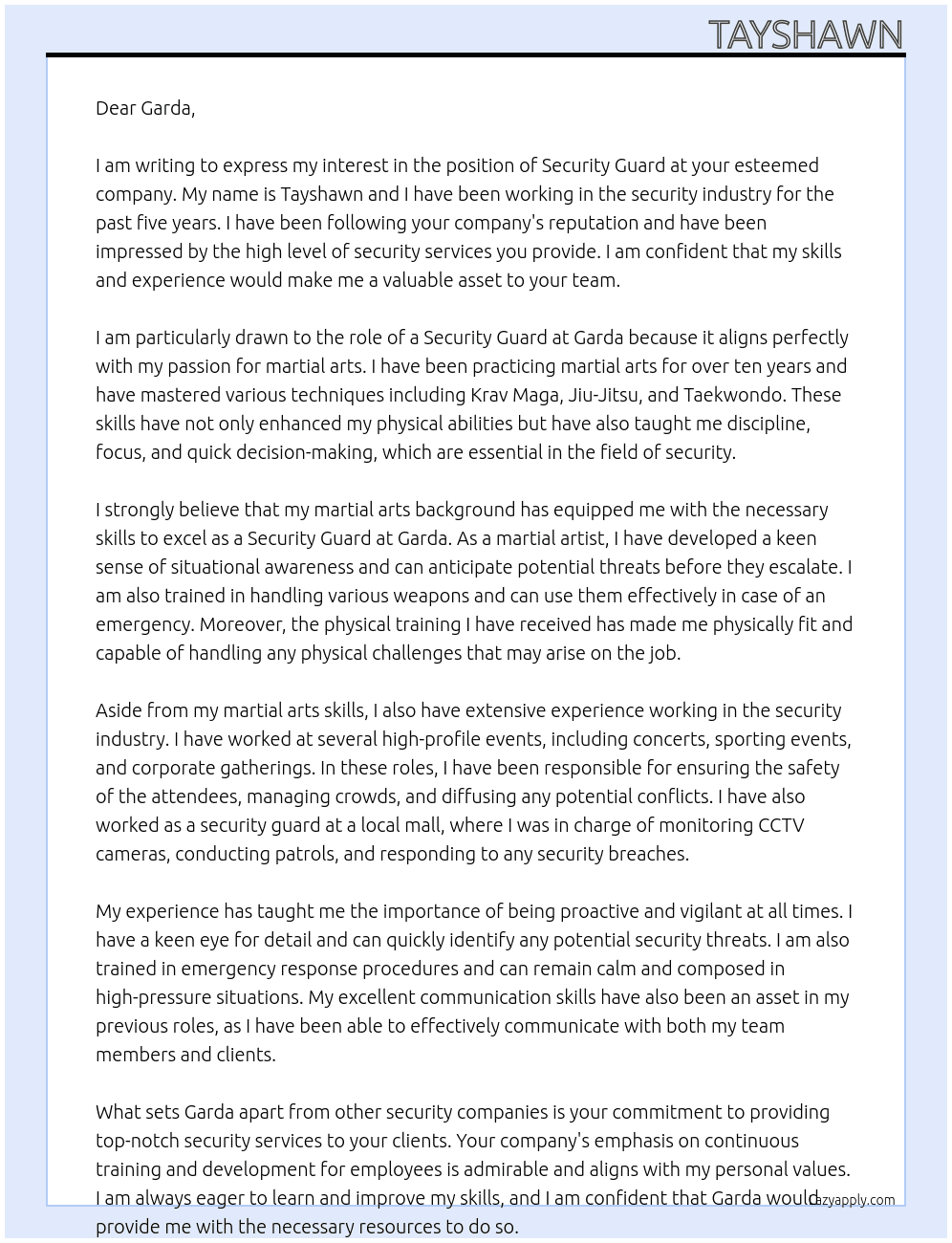 Security Guard At Garda Cover Letter