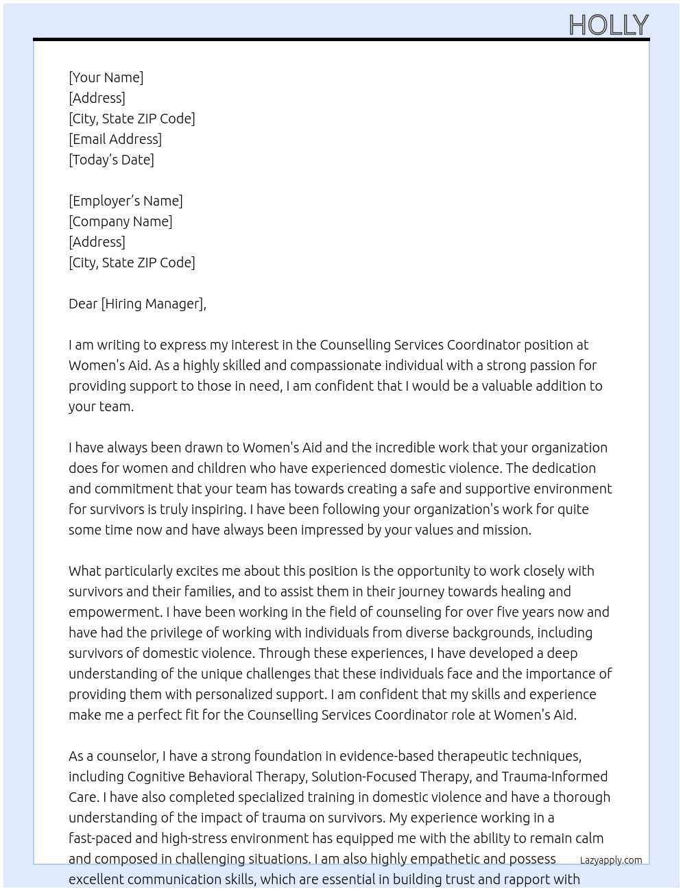 Counselling Services Coordinator At Women's Aid Cover Letter
