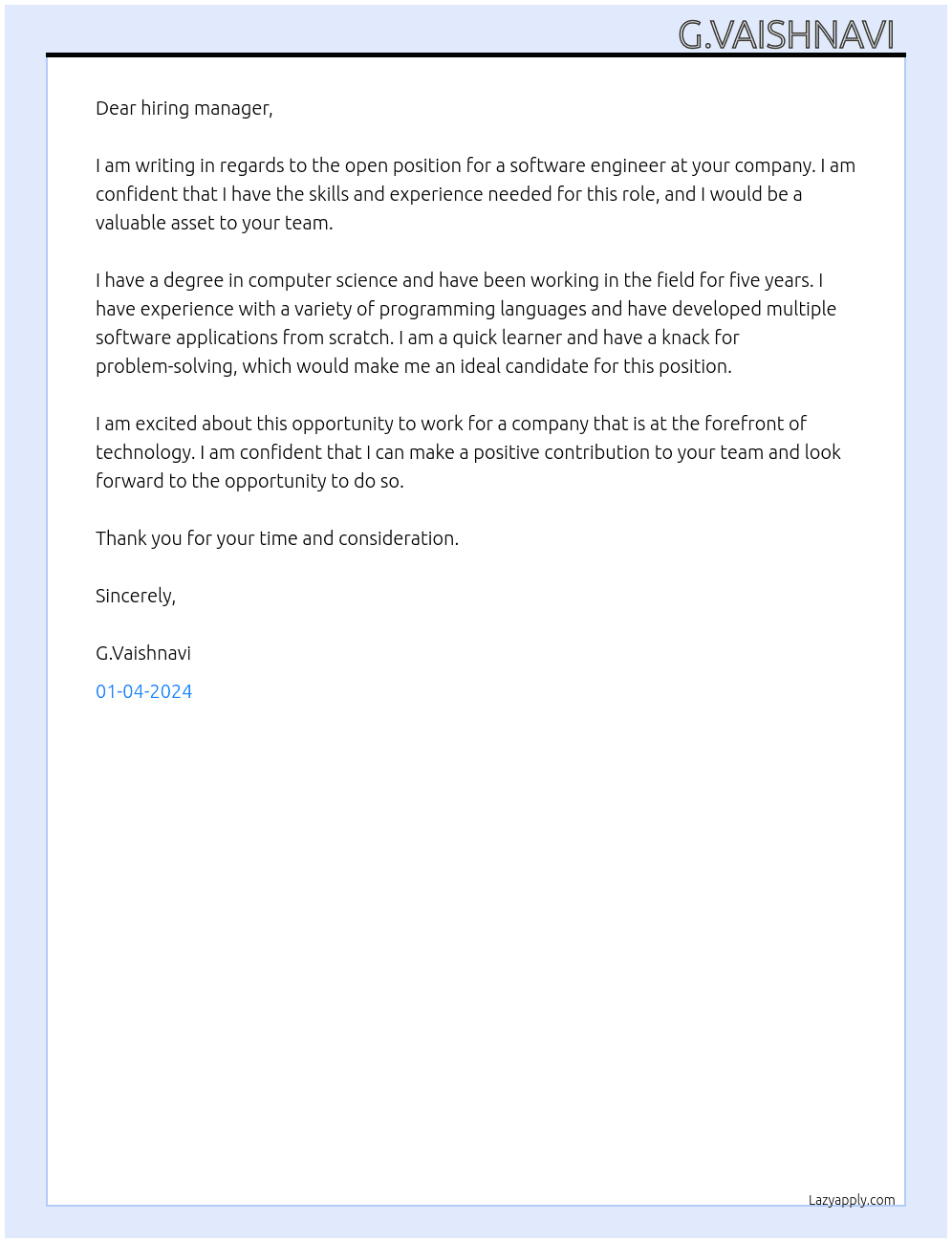 Software Engineer  At Wpiro Cover Letter