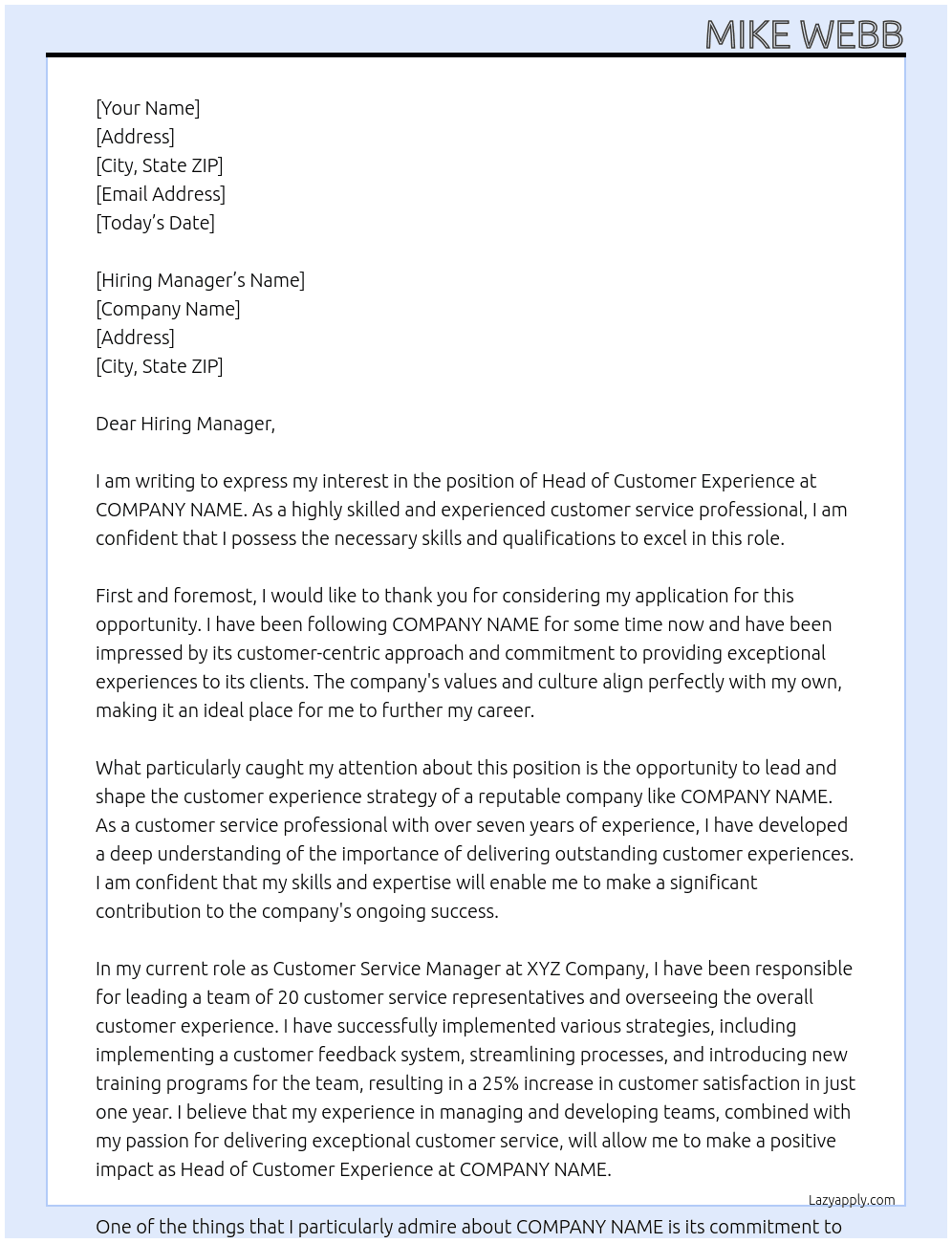 Head of Customer Experience At COMPANY NAME Cover Letter