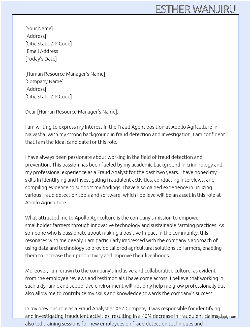 Fraud Agent  At Apollo Agriculture  Cover Letter