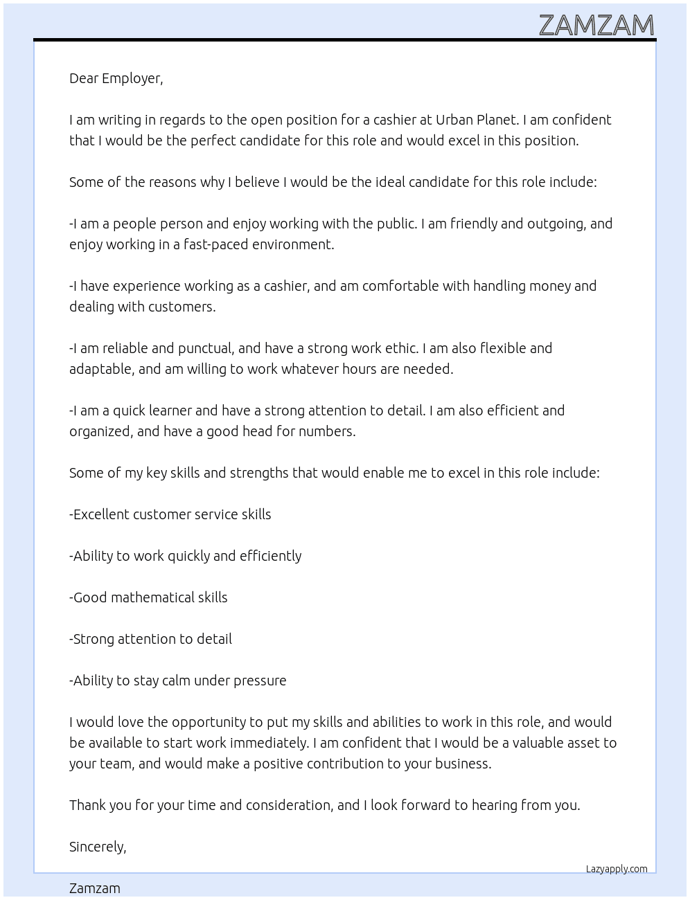 cashier At Urban Planet Cover Letter