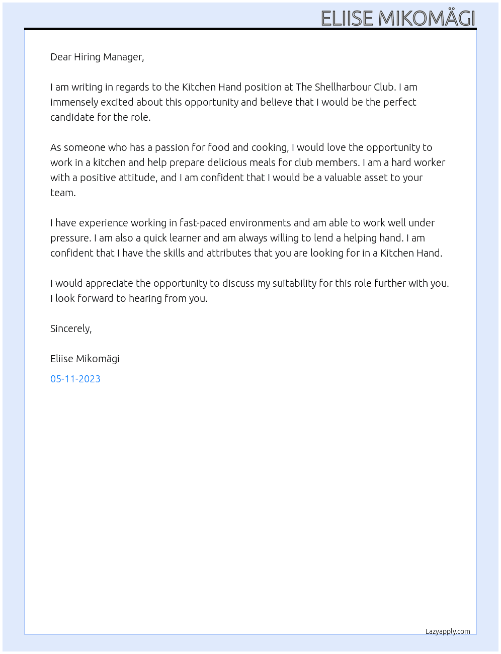 Kitchen Hand At The Shellharbour Club Cover Letter
