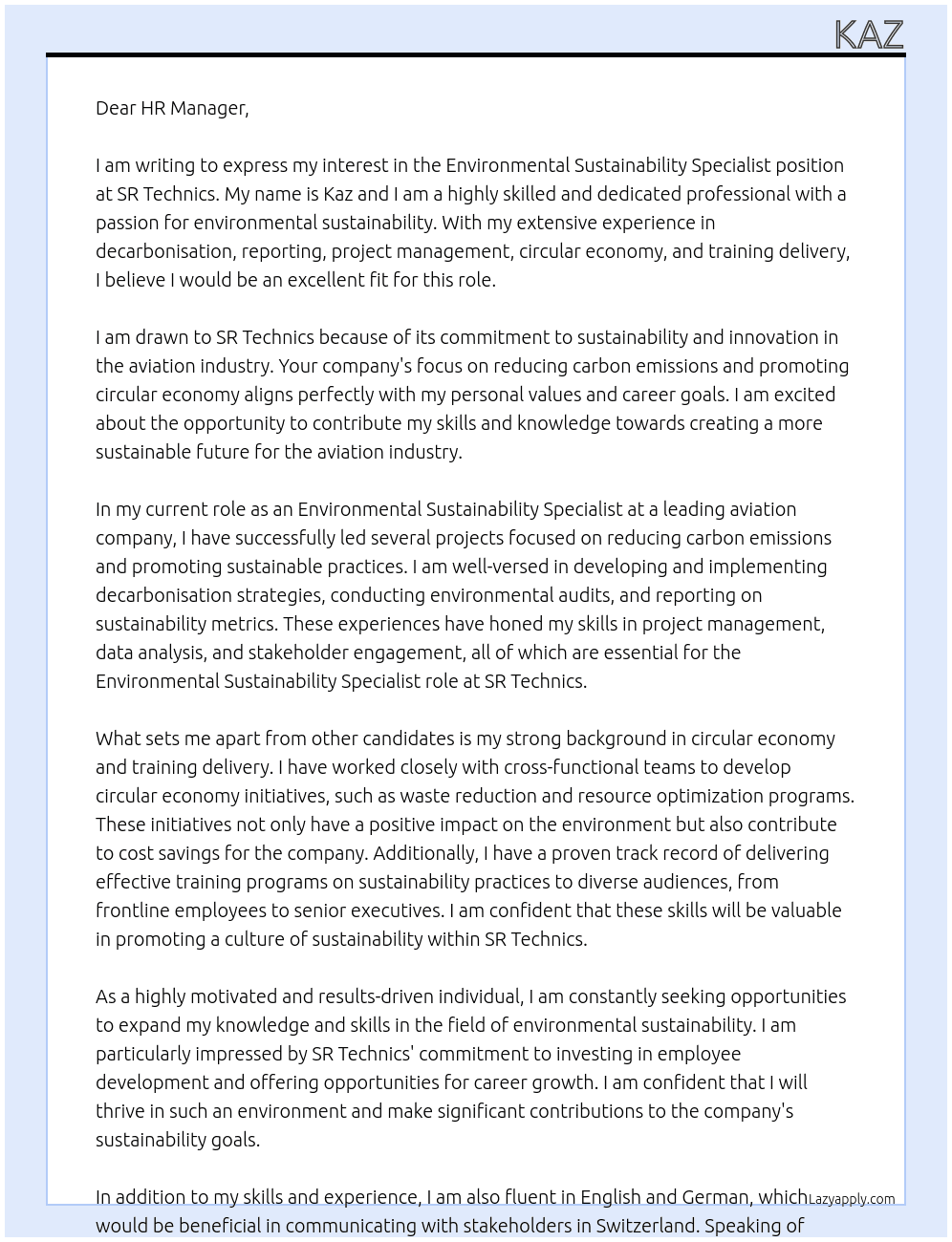 Environmental Sustainability Specialist At SR Technics Cover Letter