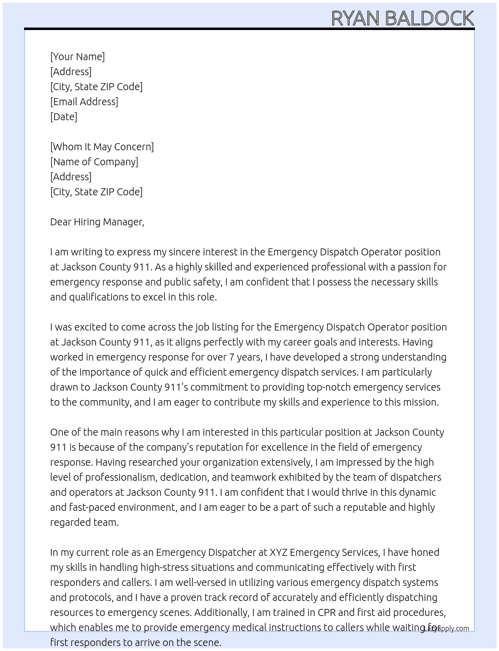 EMERGENCY DISPATCH OPERATOR At Jackson County 911 Cover Letter