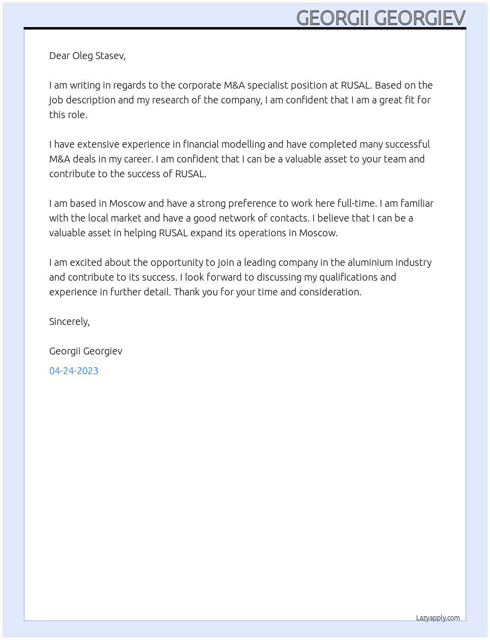 Corporate M&A specialist At RUSAL Cover Letter