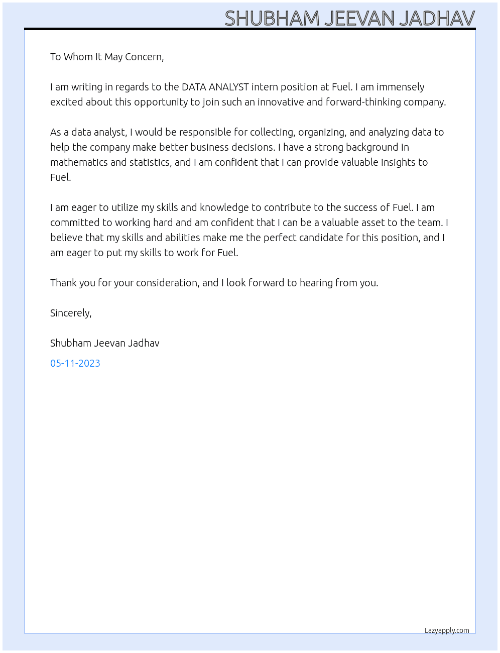 DATA ANALYST intern At Fuel Cover Letter