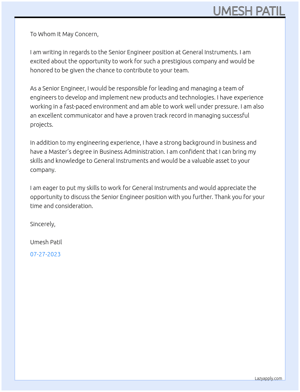 Senior Engineer At General Instruments Cover Letter