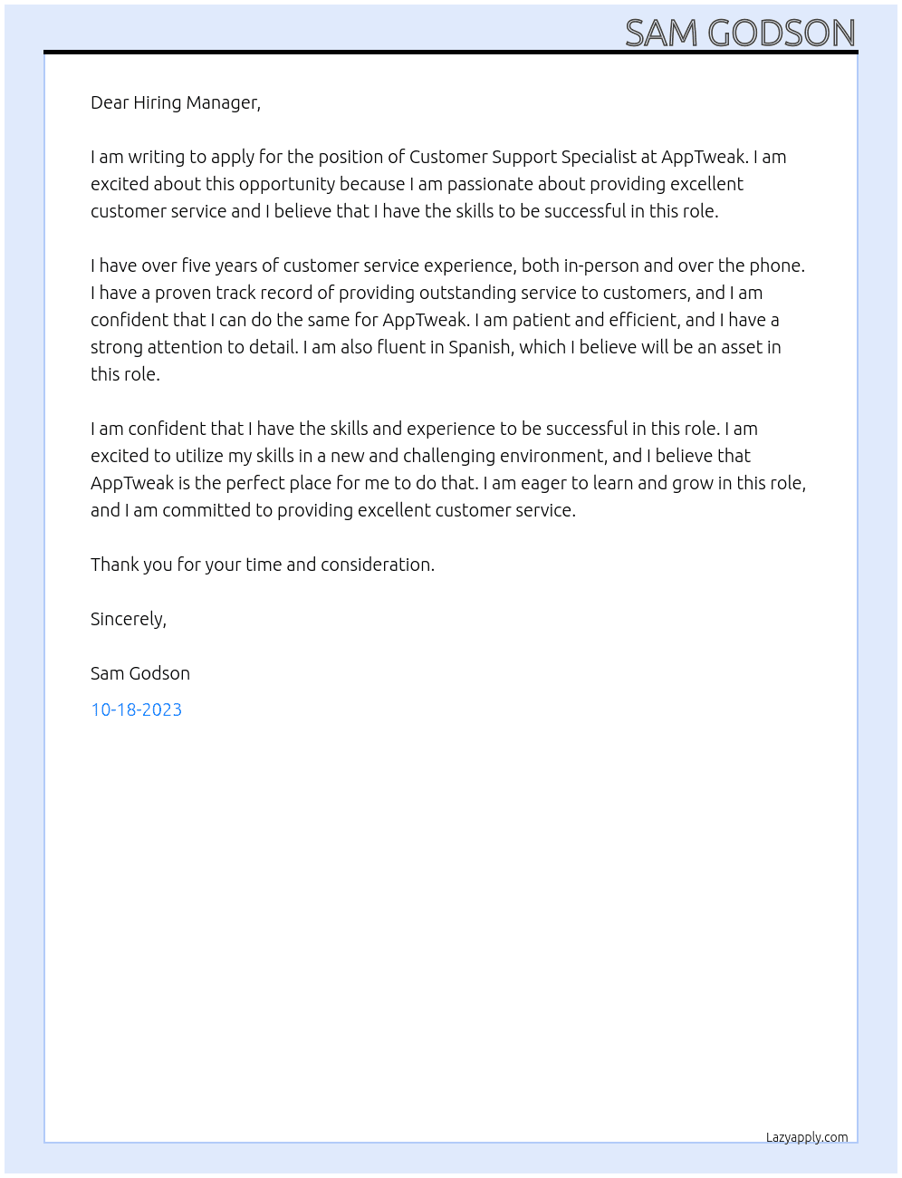 Customer Support Specialist At AppTweak Cover Letter
