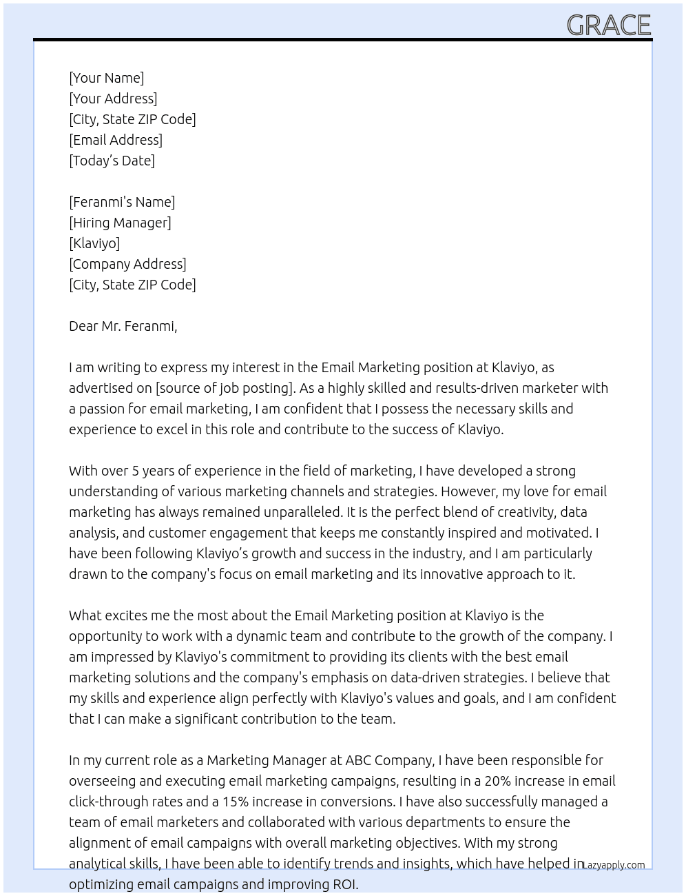 Email Marketing At Klaviyo Cover Letter