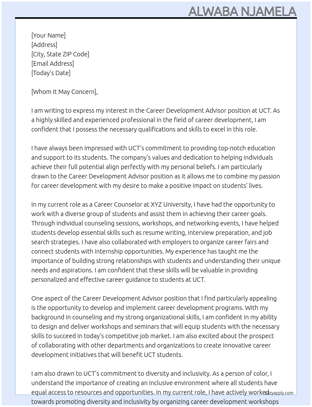 Career Development Advisor At UCT Cover Letter