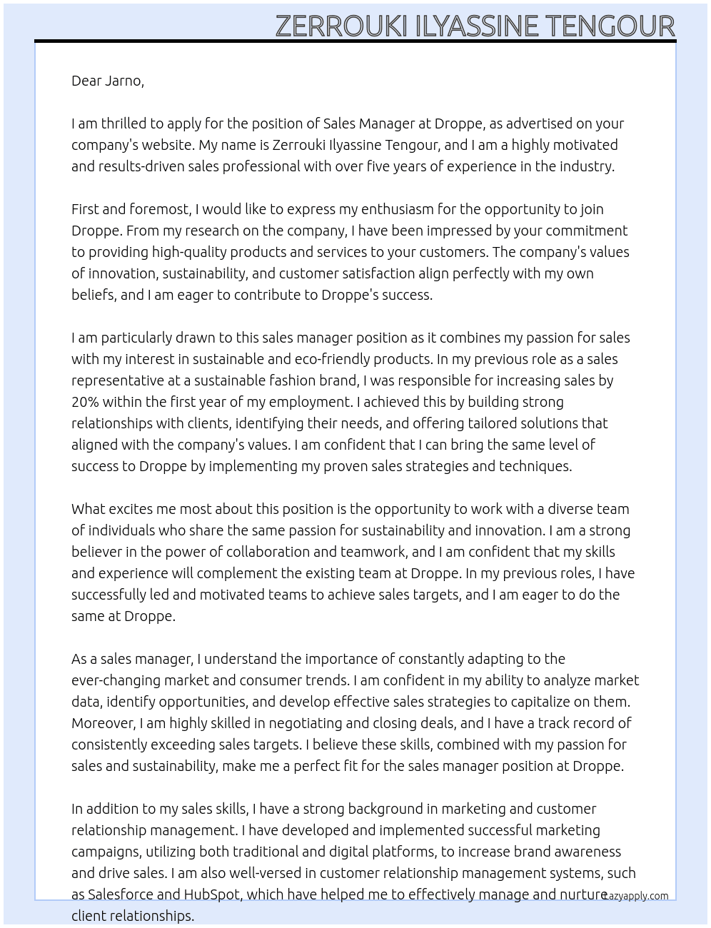 Sales manager At Droppe Cover Letter