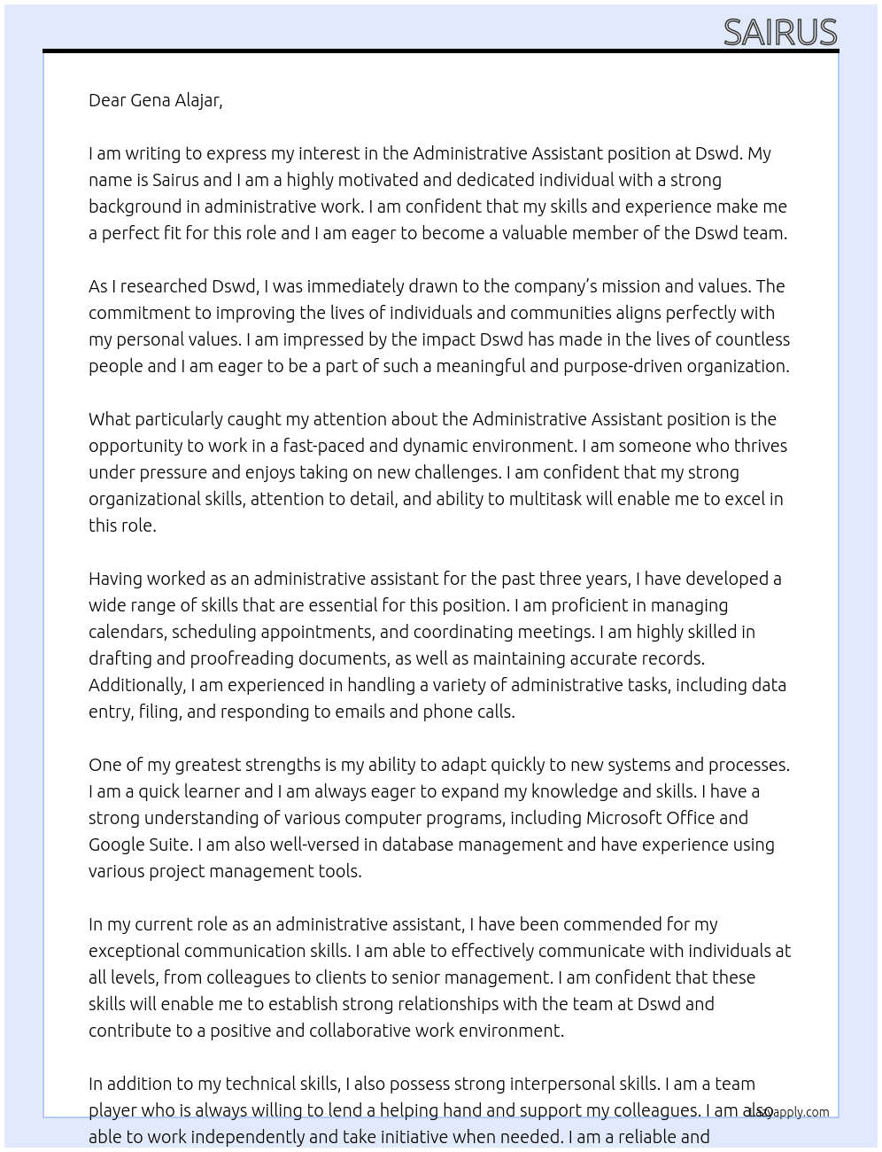 Administrative assistant At Dswd  Cover Letter