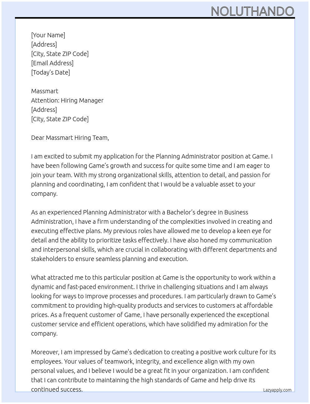 Planning Administrator  At game Cover Letter