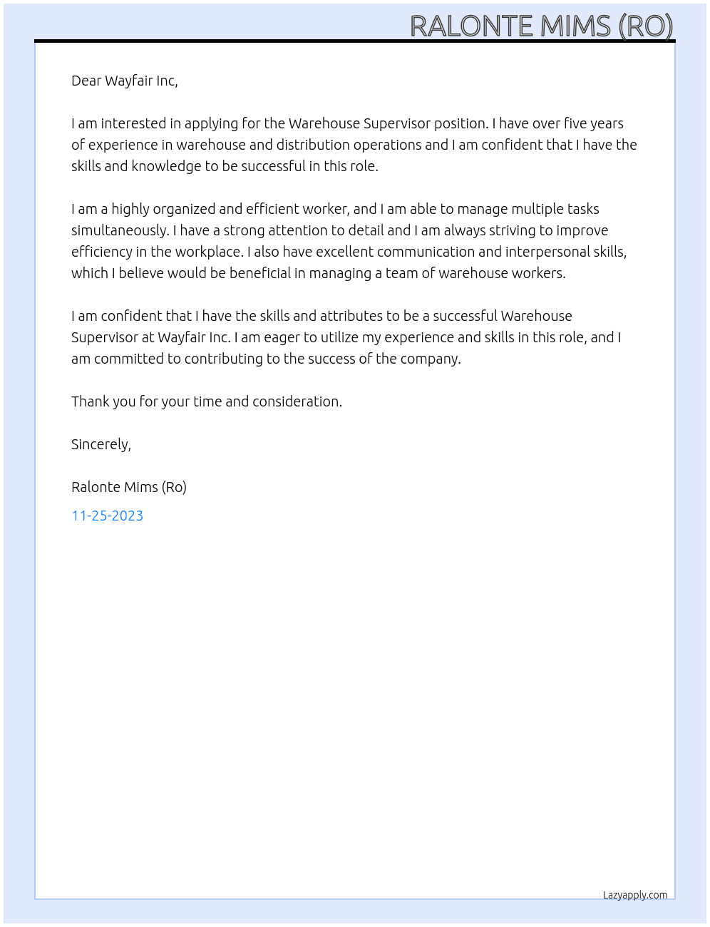 Warehouse Supervisor At Wayfair Inc Cover Letter