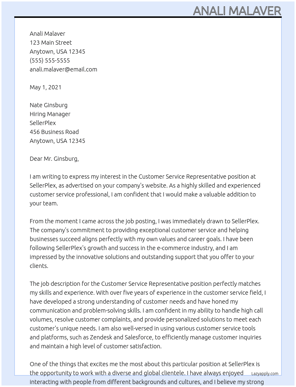 Customer Service Representative At SellerPlex Cover Letter
