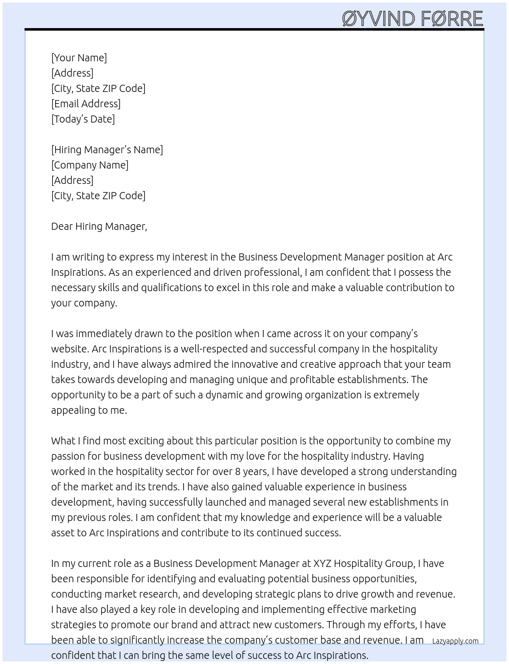 Business Development Manager At Arc Inspirations Cover Letter