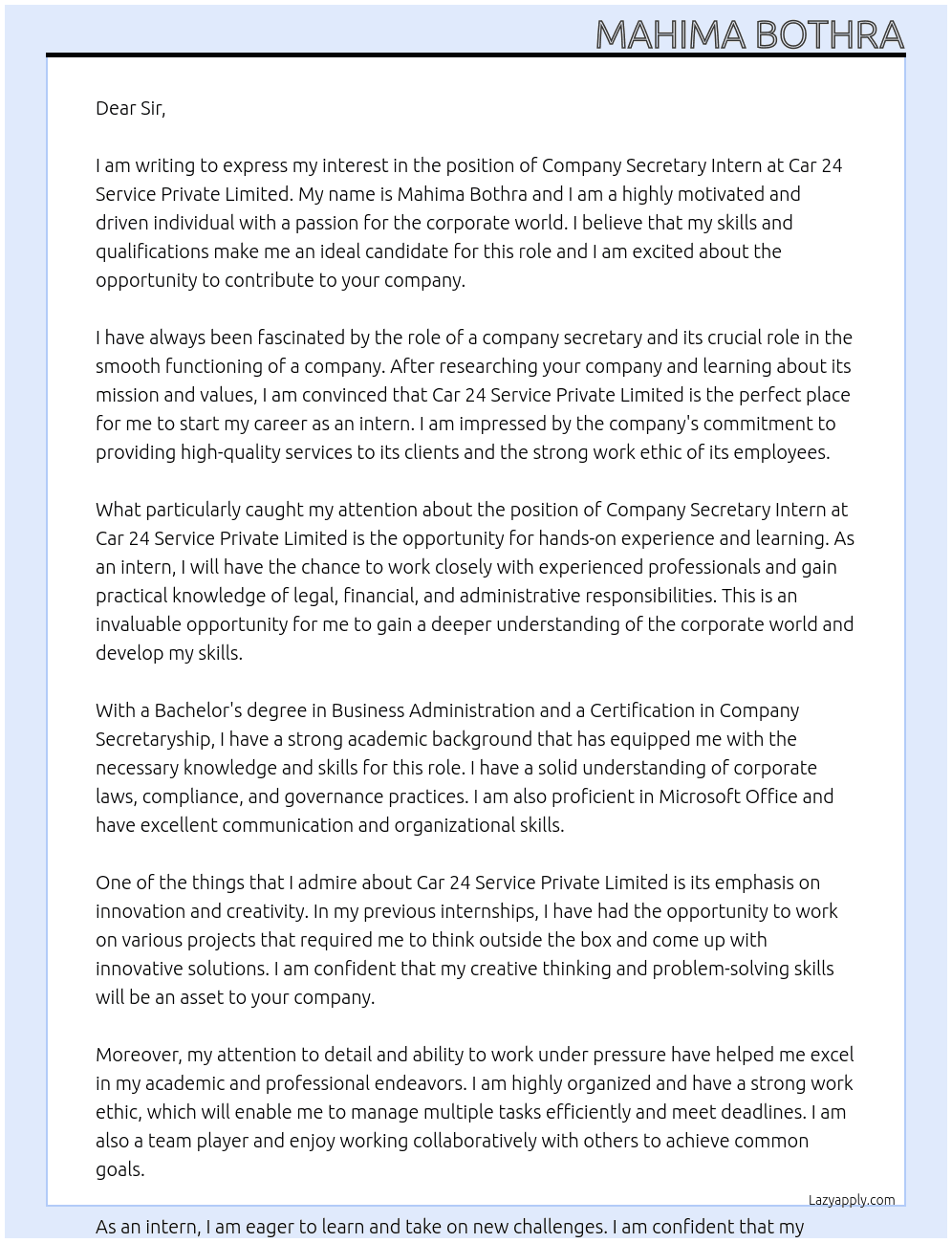Company secretary intern At Car 24 service private limited  Cover Letter