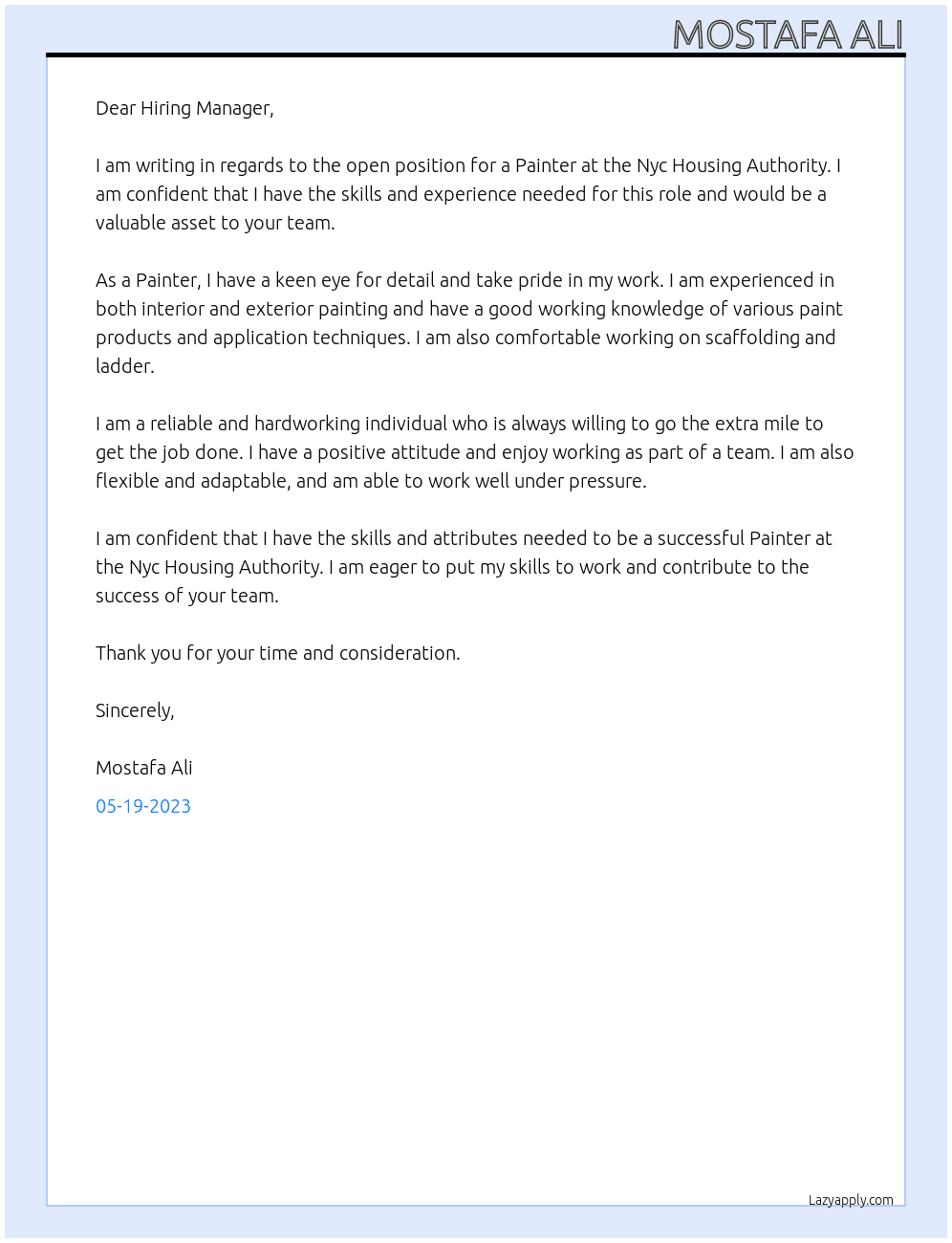 Painter At Nyc Housing Authority Cover Letter