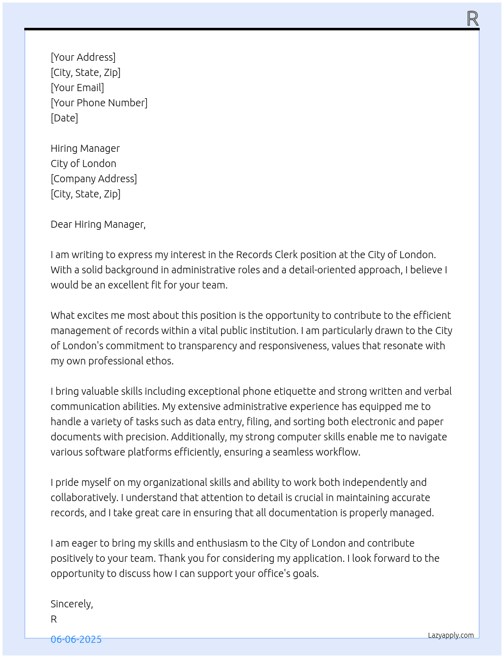 Records Clerk At City of London Cover Letter