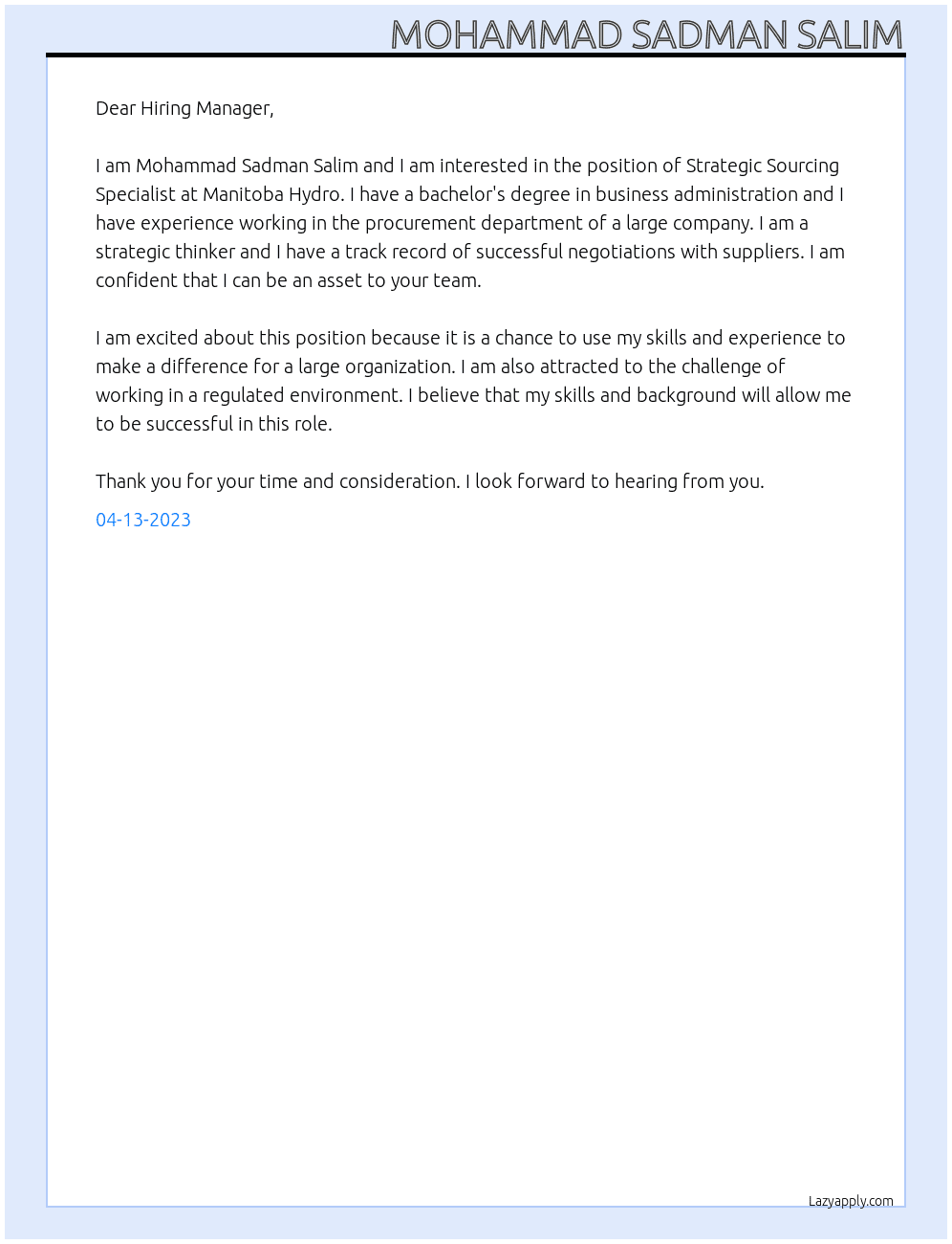 STRATEGIC SOURCING SPECIALIST At Manitoba Hydro Cover Letter