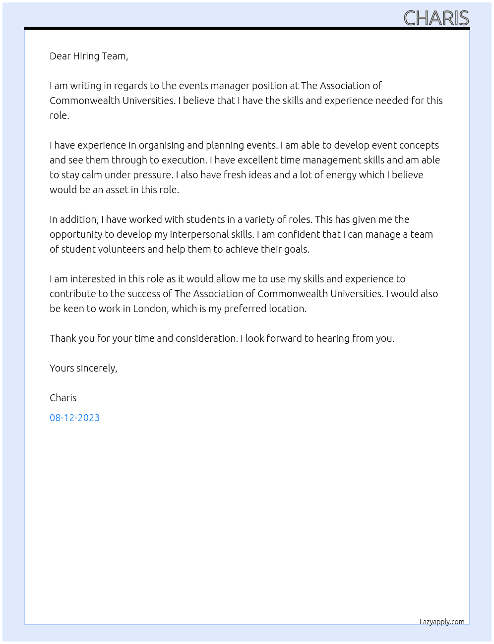 Events Manager At The Association of Commonwealth Univerisites Cover Letter