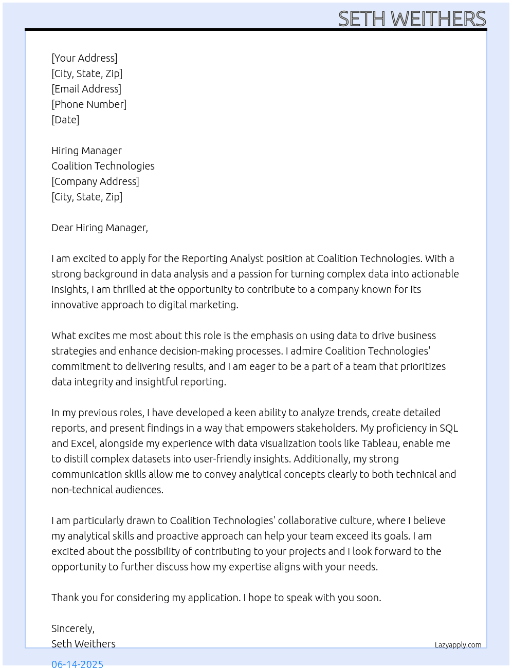 Reporting Analyst At Coalition Technologies Cover Letter