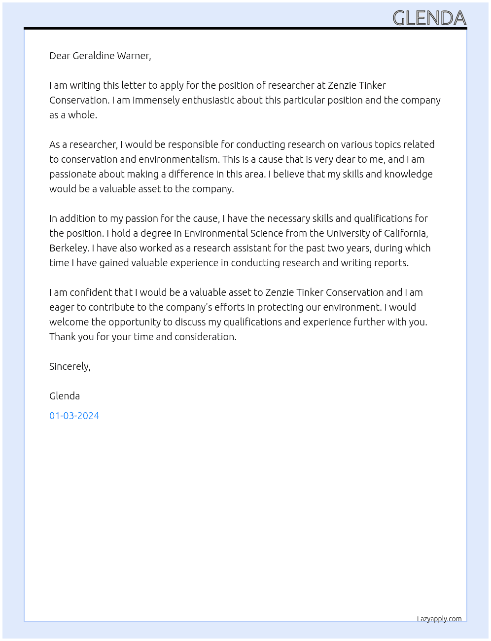 Researcher  At Zenzie Tinker Conservation Cover Letter