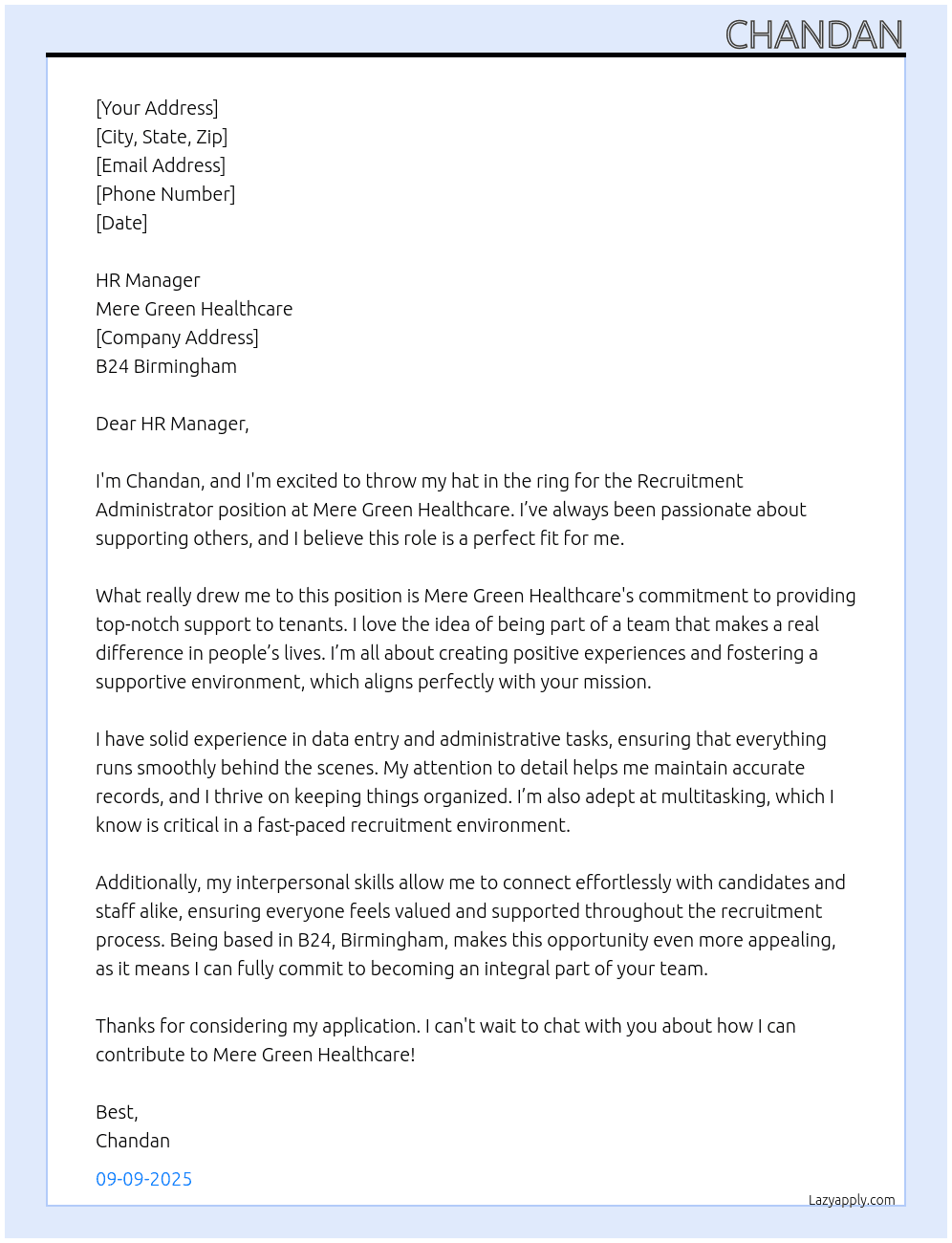 Recruitment Administrator At Mere Green Healthcare Cover Letter