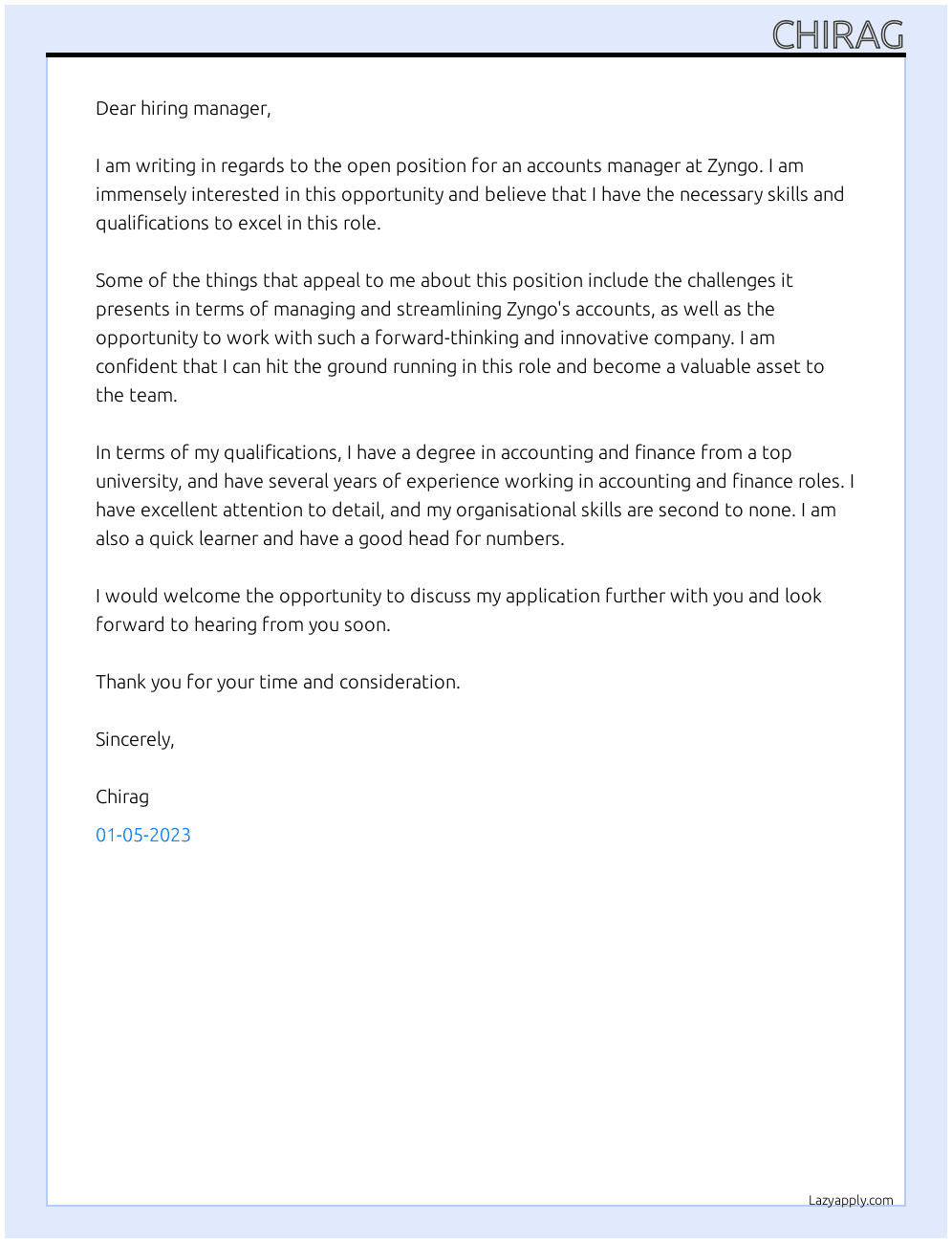 Accounts manager At Zyngo Cover Letter