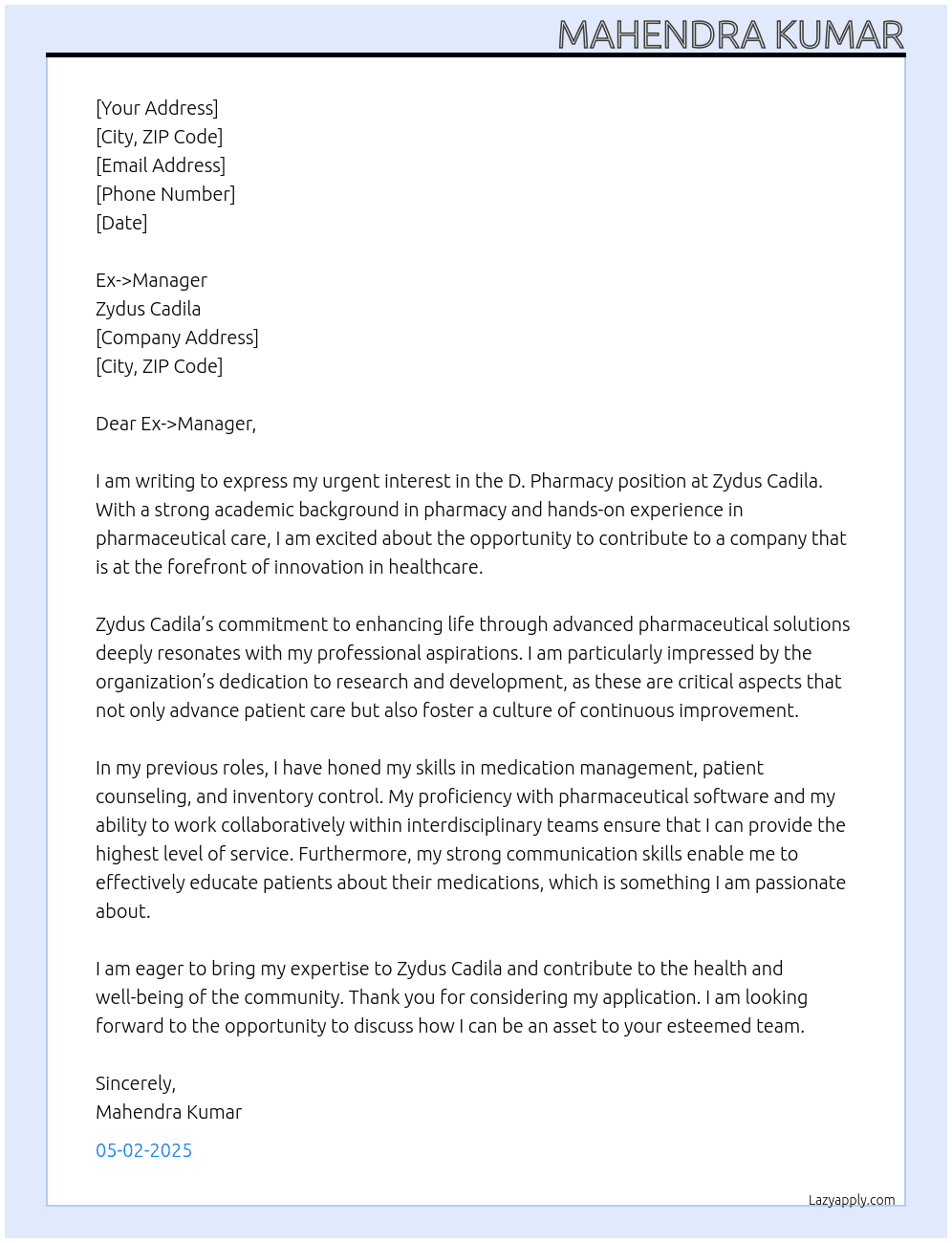D. Pharmacy  At Zydus Cadila  Cover Letter