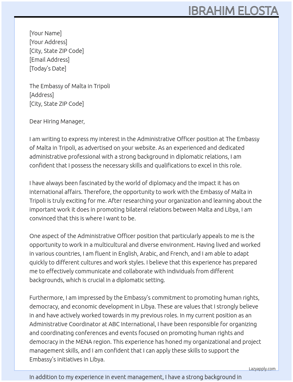 Administrative Officer At The Embassy of Malta in Tripoli Cover Letter
