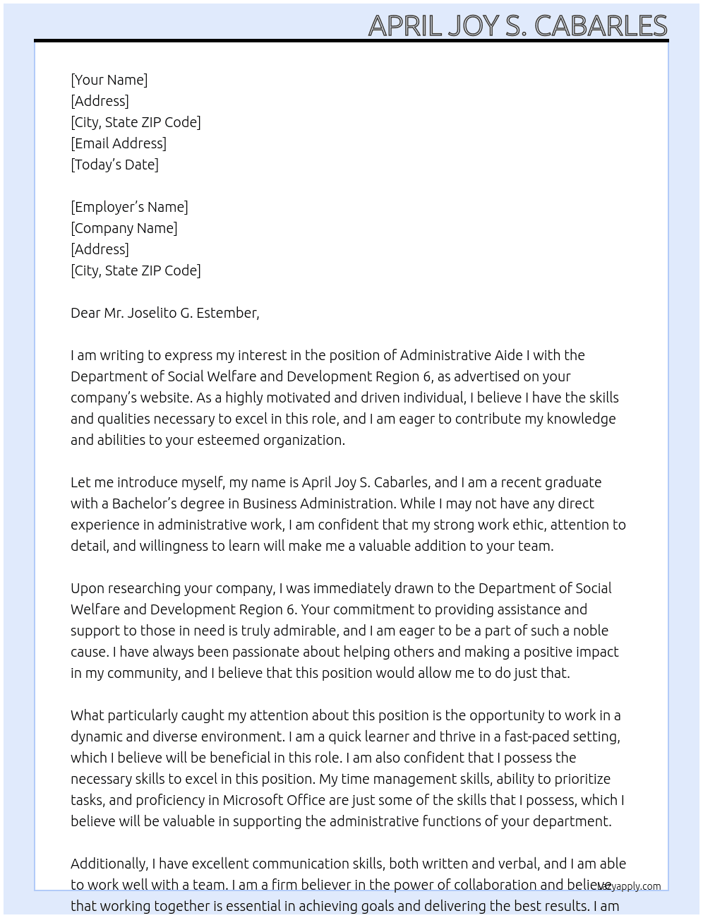 Administrative Aide I (no experience) At Department of Social Welfare and Development Region 6 Cover Letter