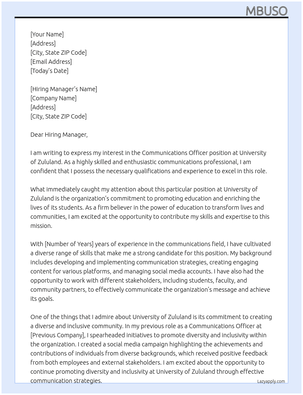 Communications Officer At University of Zululand Cover Letter