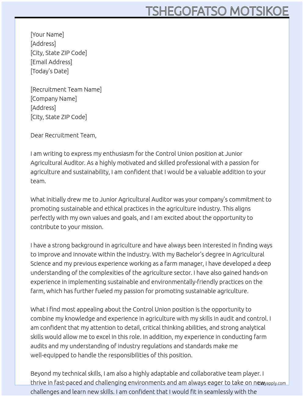 control Union  At Junior Agricultural Auditor  Cover Letter