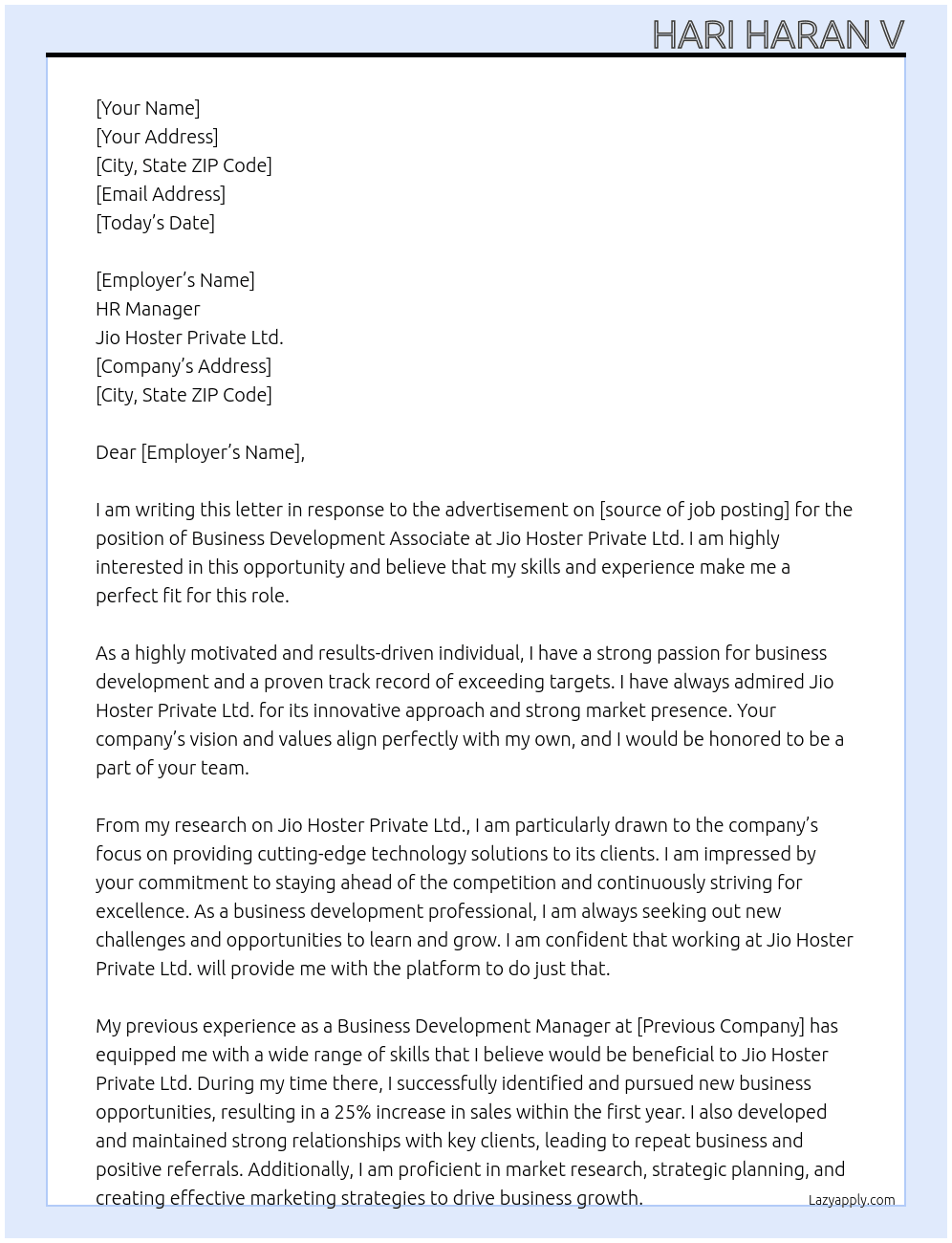 Business development associate  At Jio Hoster Private ltd Cover Letter