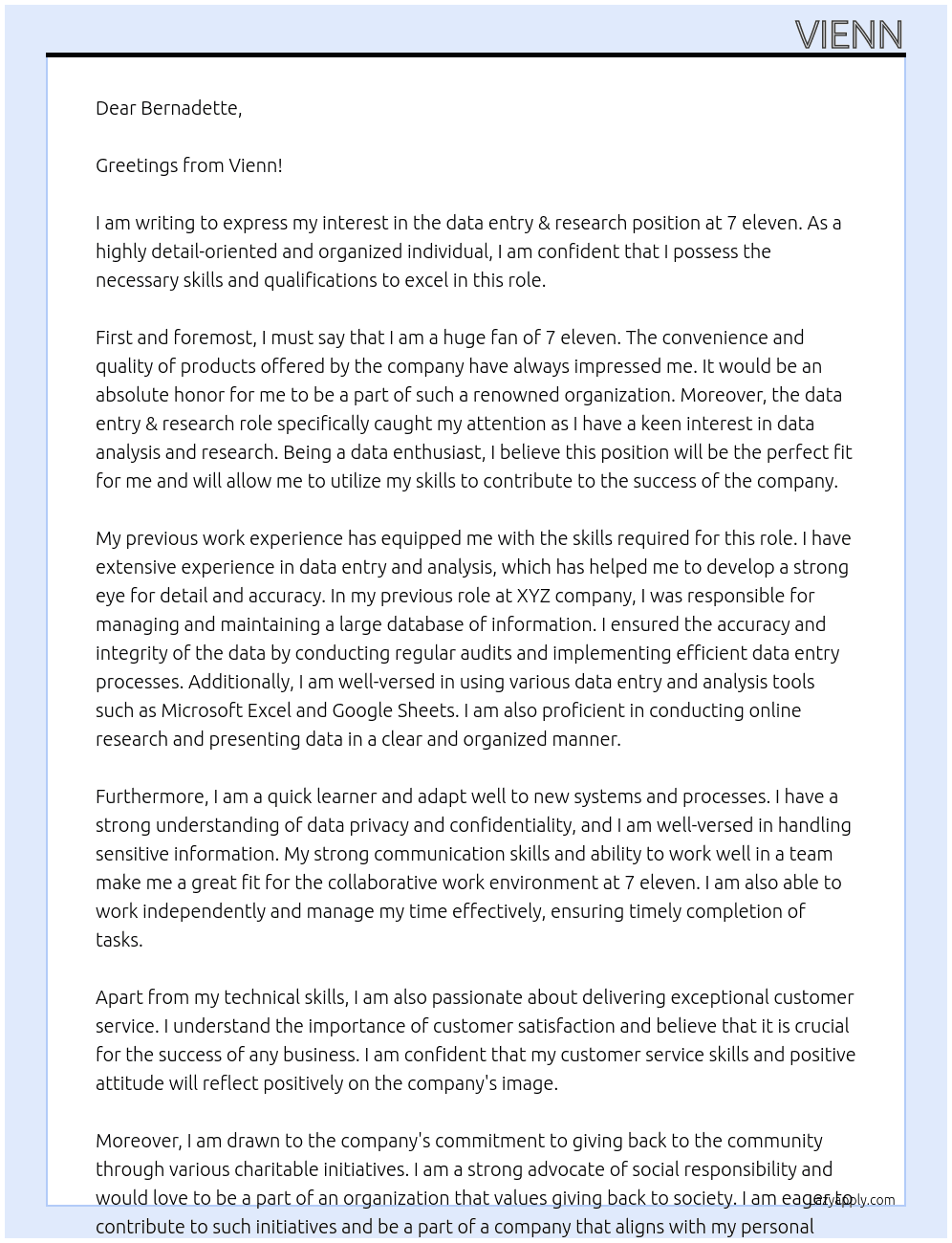data entry & research At 7 eleven Cover Letter
