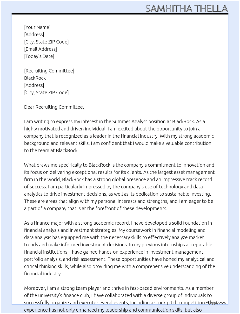Summer Analyst  At BlackRock Cover Letter