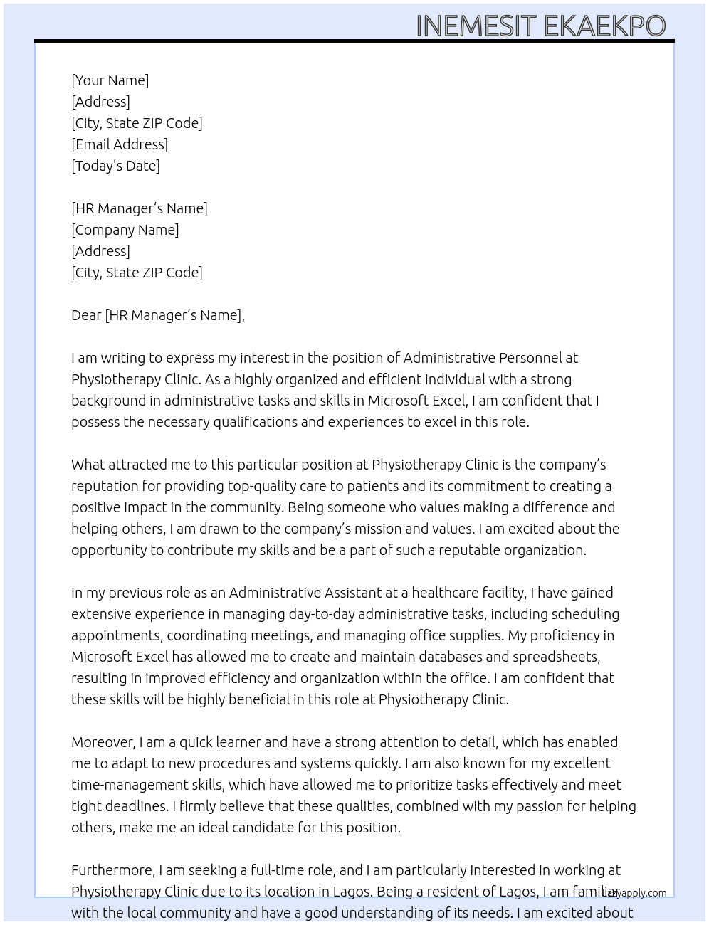 Administrative personnel  At Physiotherapy clinic  Cover Letter