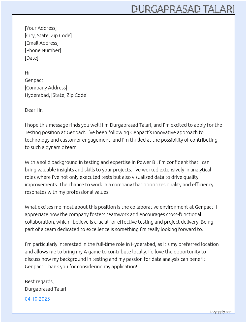 Testing  At Genpact  Cover Letter