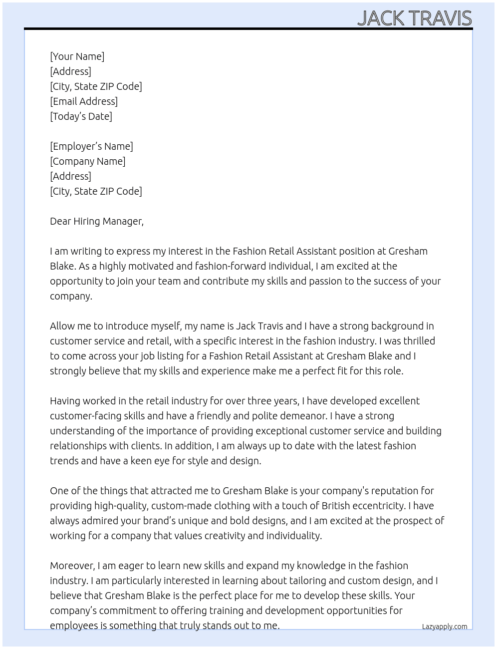 Fashion Retail Assistant At Gresham Blake Cover Letter