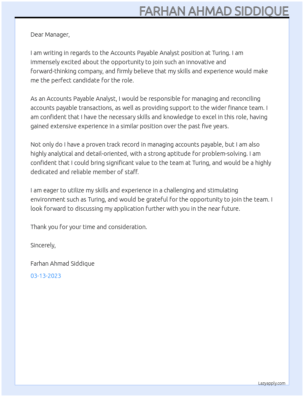 Accounts Payable Analyst  At Turing Cover Letter