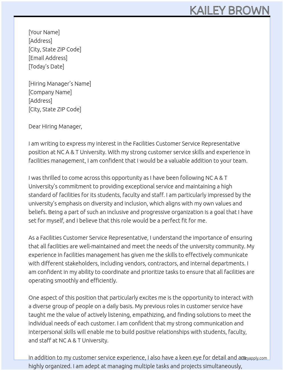 Facilities Customer Service Representative At NC A & T University Cover Letter