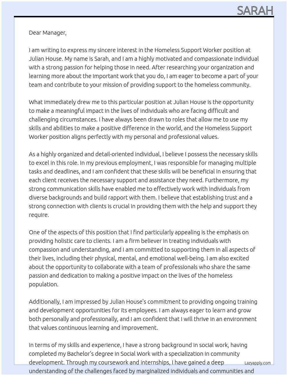 Cover letter for homeless support worker - LazyApply