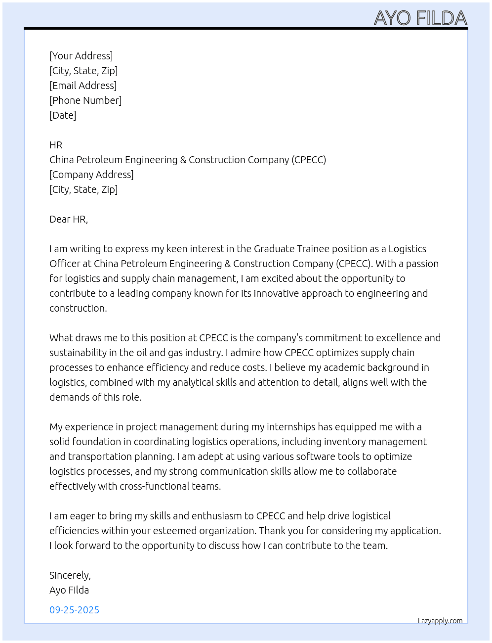 Cover letter for graduate trainee as logistic officer - LazyApply
