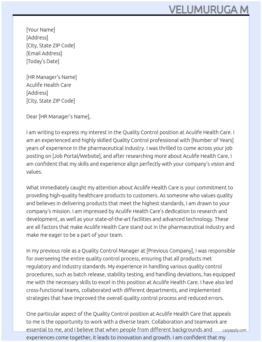 Quality control At Aculife health care Cover Letter