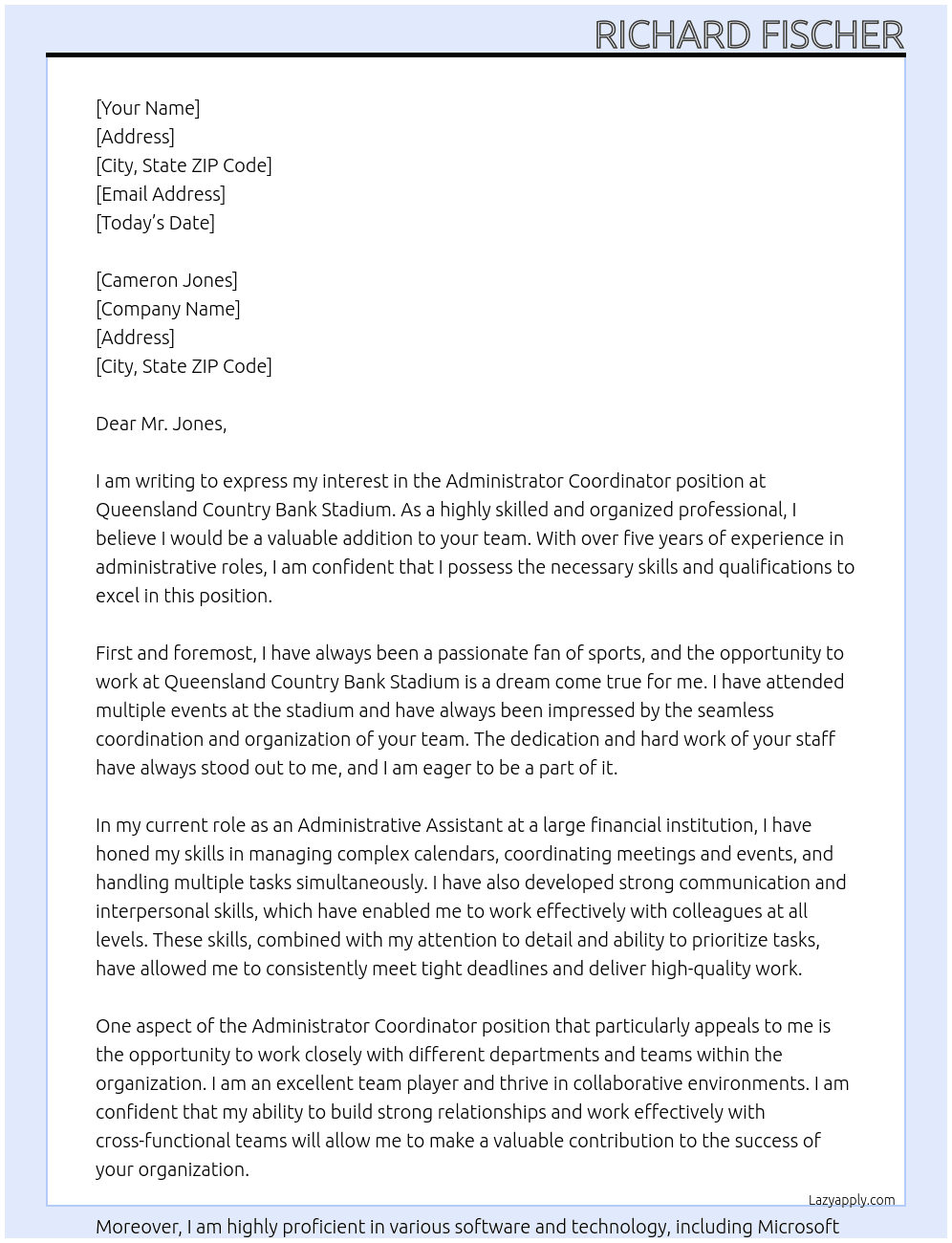 Administrator Coordinator At Queensland Country Bank Stadium Cover Letter
