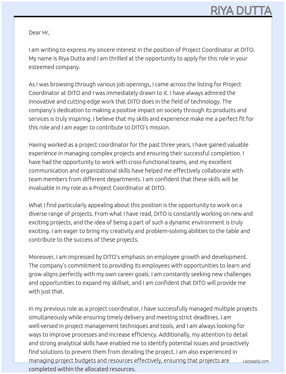 Project coordinator  At DITO Cover Letter